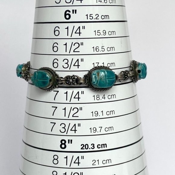 VTG Sterling Silver 925 Faience Glazed Ceramic Blue Scarab Link Bracelet 7" - Picture 9 of 16